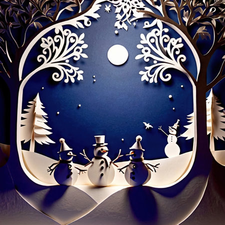 Winter snowmen traditional design made of paper, traditional papercut paper crafted handmade decoration children illustrationの素材