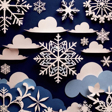 Snowflakes and clouds, winter weather, traditional design made of paper, traditional papercut paper crafted handmade decoration children illustrationの素材