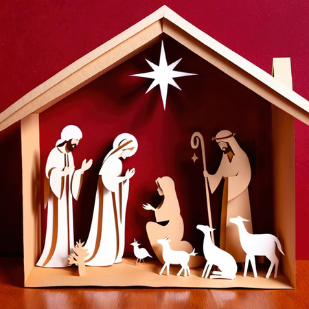 Christmas nativity scene, traditional design made of paper, traditional papercut paper crafted handmade decoration children illustrationの素材