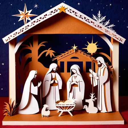 Christmas nativity scene, traditional design made of paper, traditional papercut paper crafted handmade decoration children illustrationの素材