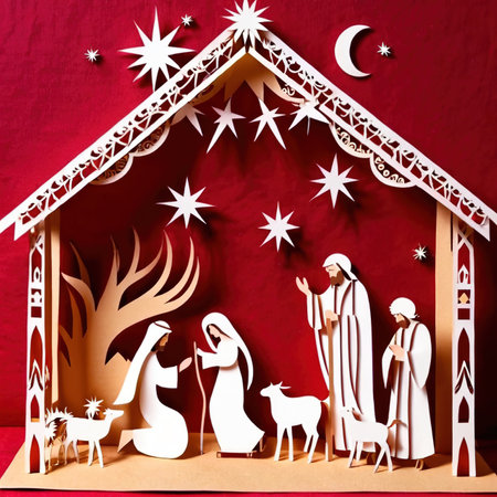 Christmas nativity scene, traditional design made of paper, traditional papercut paper crafted handmade decoration children illustrationの素材