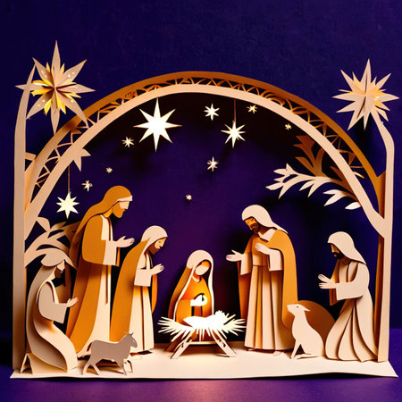 Christmas nativity scene, traditional design made of paper, traditional papercut paper crafted handmade decoration children illustrationの素材