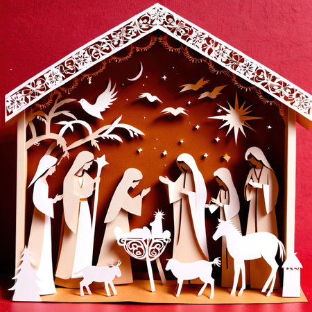Christmas nativity scene, traditional design made of paper, traditional papercut paper crafted handmade decoration children illustrationの素材