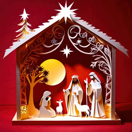 Christmas nativity scene, traditional design made of paper, traditional papercut paper crafted handmade decoration children illustrationの素材