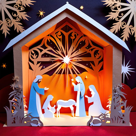 Christmas nativity scene, traditional design made of paper, traditional papercut paper crafted handmade decoration children illustrationの素材