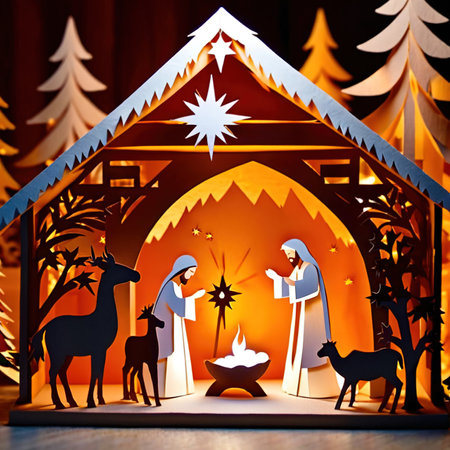 Christmas nativity scene, traditional design made of paper, traditional papercut paper crafted handmade decoration children illustrationの素材