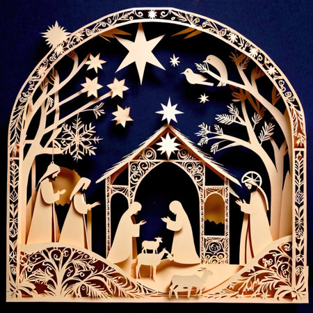 Christmas nativity scene, traditional design made of paper, traditional papercut paper crafted handmade decoration children illustrationの素材