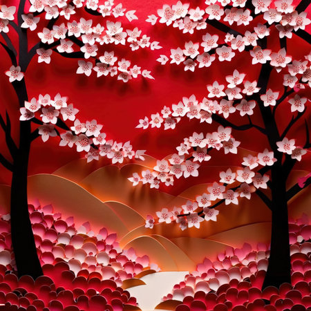 Japanese sakura cherry blossoms, traditional design made of paper, papercut crafted handmade decoration children illustrationの素材