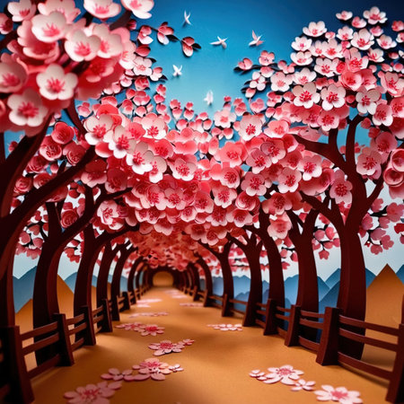 Japanese sakura cherry blossoms, traditional design made of paper, papercut crafted handmade decoration children illustrationの素材