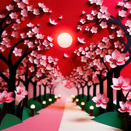 Japanese sakura cherry blossoms, traditional design made of paper, papercut crafted handmade decoration children illustrationの素材