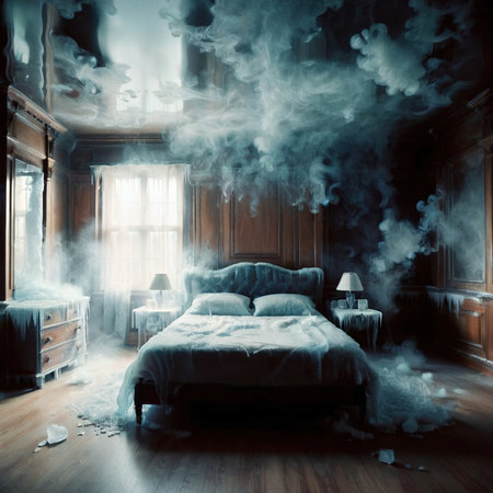 Bedroom with bed, freezing temperatures, frozen and cold, covered with ice, no romanceの素材