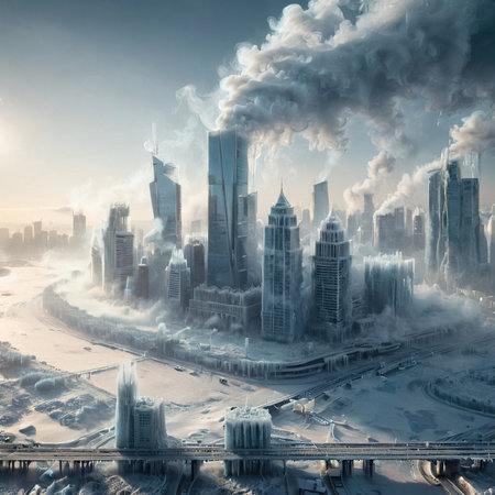 City, metropolitan area, freezing temperatures, frozen and cold, covered with iceの素材