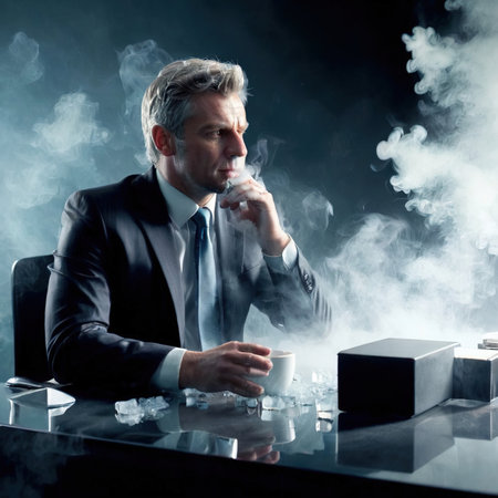 Businessman sitting at desk, professional, cold frozen and covered with ice, career and business stuck and blockedの素材