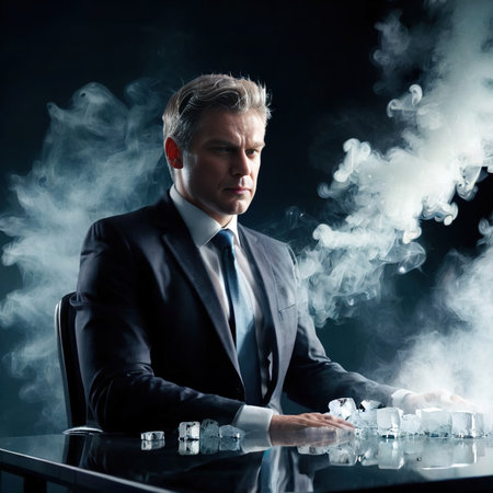 Businessman sitting at desk, professional, cold frozen and covered with ice, career and business stuck and blockedの素材