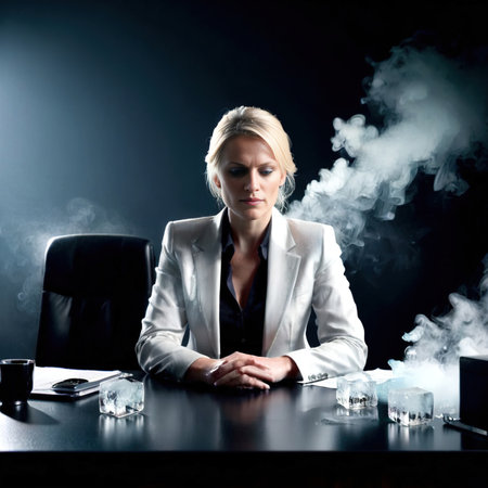 Businesswoman sitting at desk, professional, cold frozen and covered with ice, career and business stuck and blockedの素材