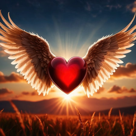 Heart with wings, flying in sky, romantic love soaringの素材