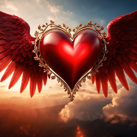 Heart with wings, flying in sky, romantic love soaringの素材