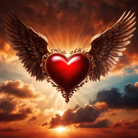 Heart with wings, flying in sky, romantic love soaringの素材