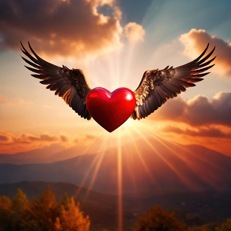 Heart with wings, flying in sky, romantic love soaringの素材