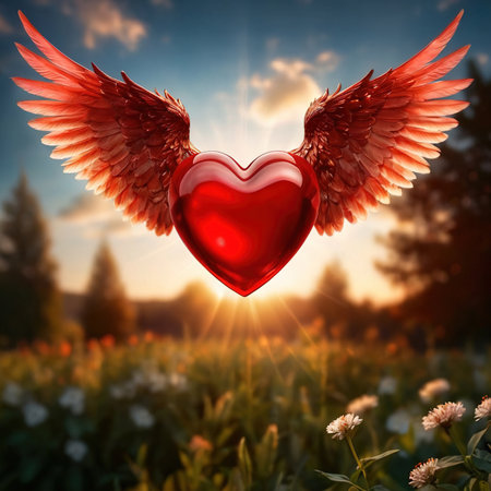 Heart with wings, flying in sky, romantic love soaringの素材