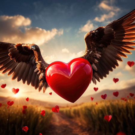 Heart with wings, flying in sky, romantic love soaringの素材