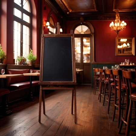 Blank, empty standing blackboard sign in restaurantの素材