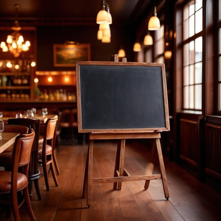 Blank, empty standing blackboard sign in restaurantの素材