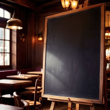 Blank, empty standing blackboard sign in restaurantの素材