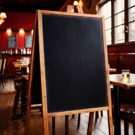 Blank, empty standing blackboard sign in restaurantの素材