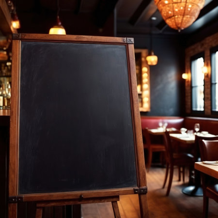 Blank, empty standing blackboard sign in restaurantの素材