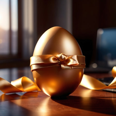 Golden egg wrapped in ribbon, on office desk, inherited gift of wealthの素材