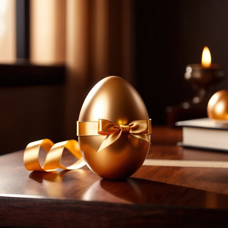 Golden egg wrapped in ribbon, on office desk, inherited gift of wealthの素材