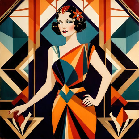 Retro vintage art deco style illustration of woman in cocktail dressの素材