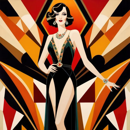 Retro vintage art deco style illustration of woman in cocktail dressの素材