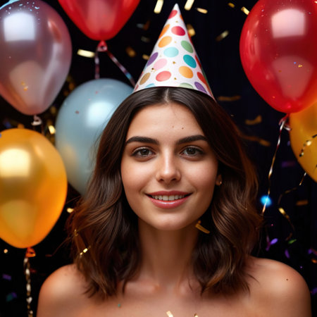 Happy smiling woman in party hat, with confetti and balloonsの素材