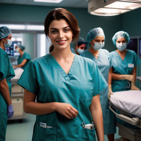 Female surgeon wearing surgical scrubs, smiling and professionalの素材
