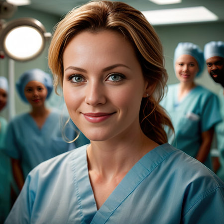 Female surgeon wearing surgical scrubs, smiling and professionalの素材