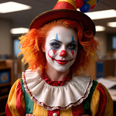 Woman wearing clown outfit in office, businesswoman feeling like a joke not taken seriouslyの素材