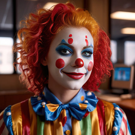 Woman wearing clown outfit in office, businesswoman feeling like a joke not taken seriouslyの素材