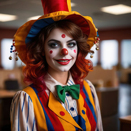 Woman wearing clown outfit in office, businesswoman feeling like a joke not taken seriouslyの素材