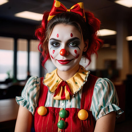 Woman wearing clown outfit in office, businesswoman feeling like a joke not taken seriouslyの素材
