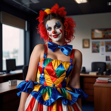 Woman wearing clown outfit in office, businesswoman feeling like a joke not taken seriouslyの素材