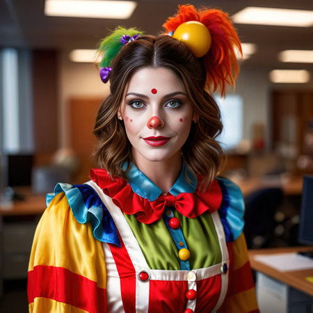 Woman wearing clown outfit in office, businesswoman feeling like a joke not taken seriouslyの素材