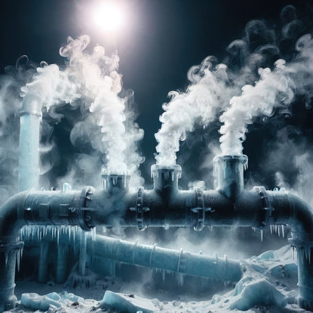 Freezing waterpipes, water pipes, cold frozen and covered with iceの素材