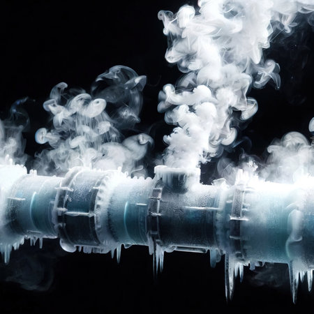 Freezing waterpipes, water pipes, cold frozen and covered with iceの素材
