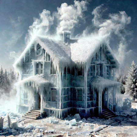 Freezing house, home building, cold frozen and covered with iceの素材