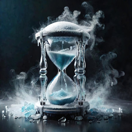 Freezing hourglass, indicating stopping time, cold frozen and covered with iceの素材