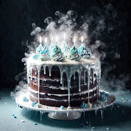Freezing birthday cake, indicating age stopped in time, cold frozen and covered with iceの素材
