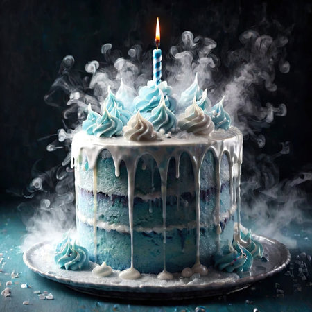 Freezing birthday cake, indicating age stopped in time, cold frozen and covered with iceの素材