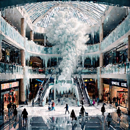 Shopping mall freezing and frosted over, indicating retail slump, cold frozen and covered with iceの素材